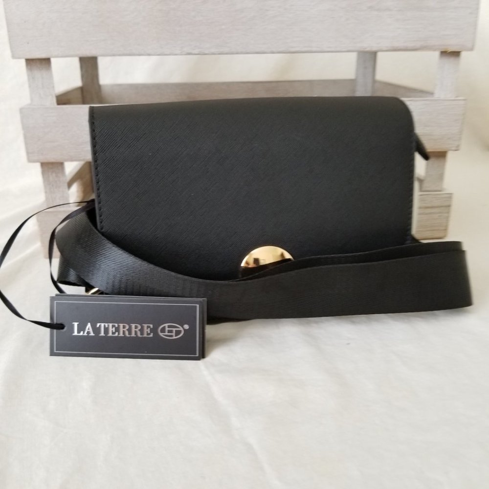 NWT! LATERRE Black Vegan Leather Shoulder Crossbody Purse w/Adjustable Strap